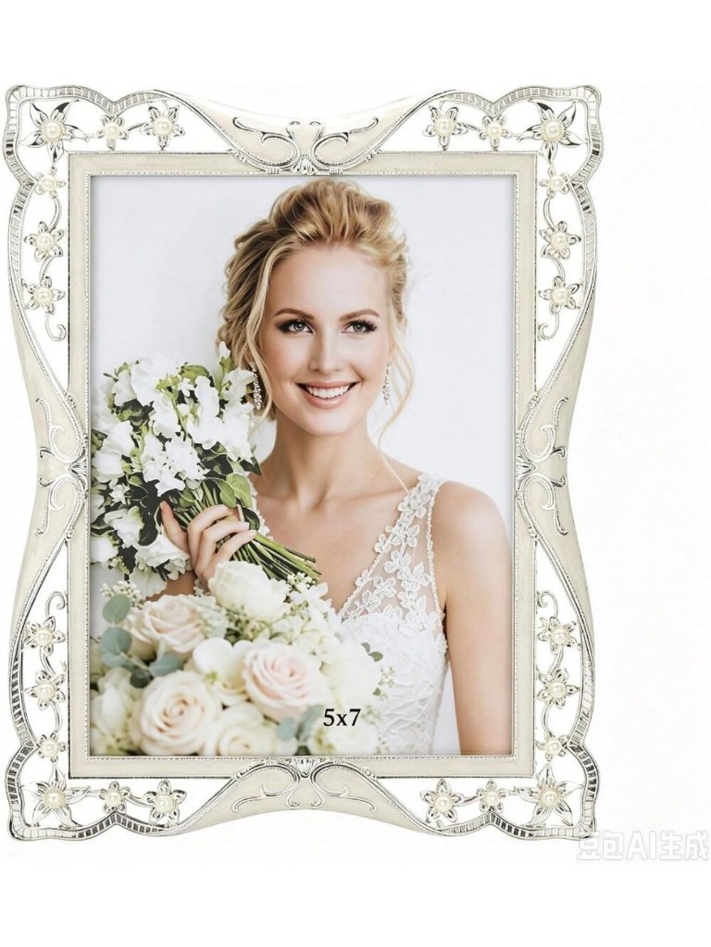 Vintage 5x7 Metal Picture Frame - White Pearl, Clear Glass, Wedding Decor